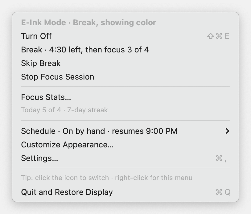 E-Ink Mode menu on a color break: Break · 4:30 left, then focus 3 of 4, with Skip Break and Stop Focus Session