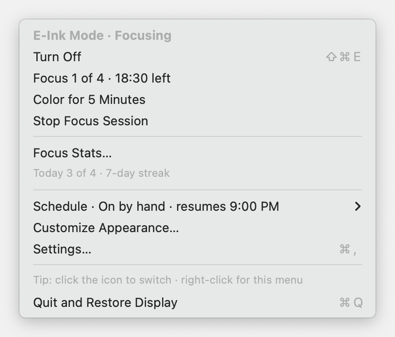 E-Ink Mode menu while focusing: Focus 1 of 4 · 18:30 left, Color for 5 Minutes, Stop Focus Session, and today's progress