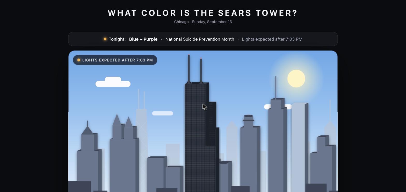 SpireSpotter daytime Chicago skyline with scheduled antenna colors and expected lighting time