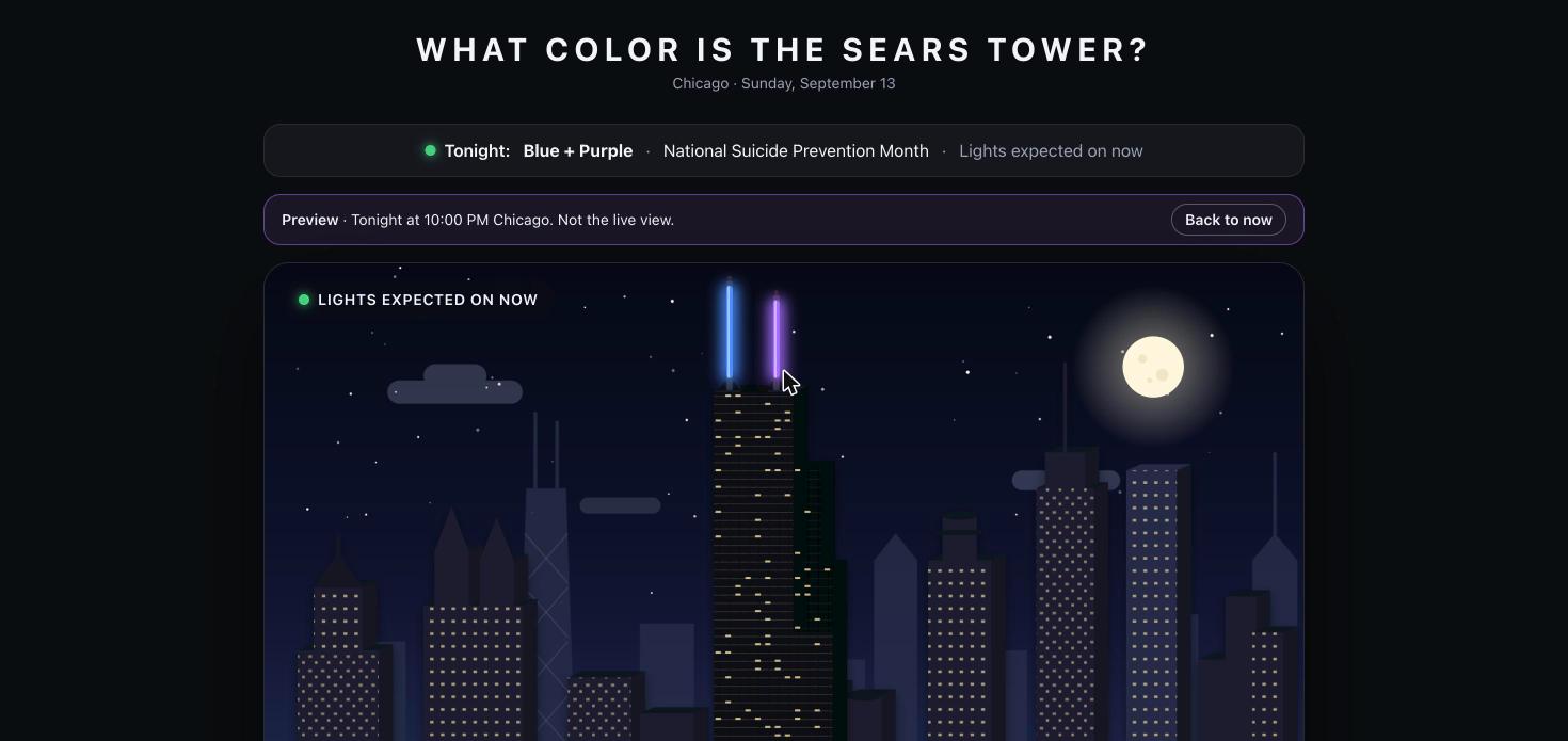 SpireSpotter night preview with the Sears Tower antenna masts lit blue and purple