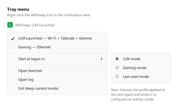 cs_wifi_swap tray menu with LLM Launched and Gaming profiles and a startup mode submenu